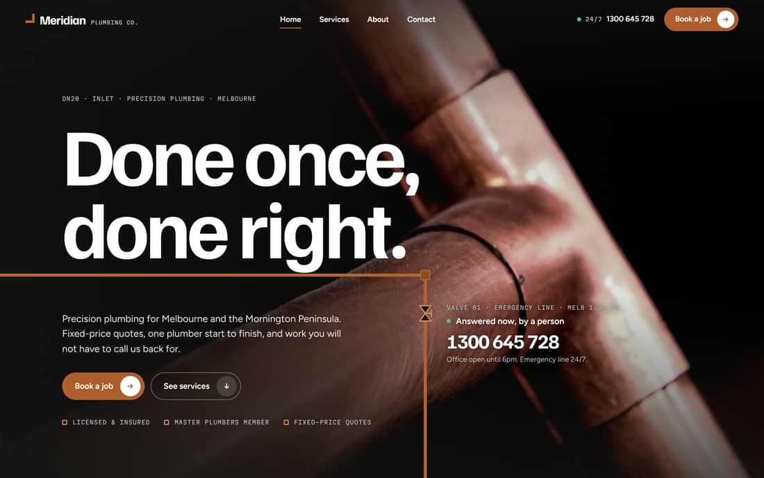 The Meridian Plumbing homepage on desktop