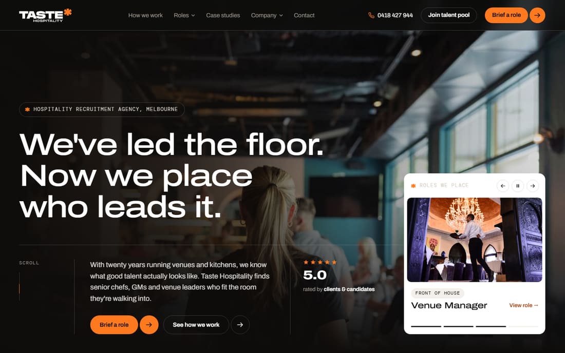 The Taste Hospitality homepage on desktop